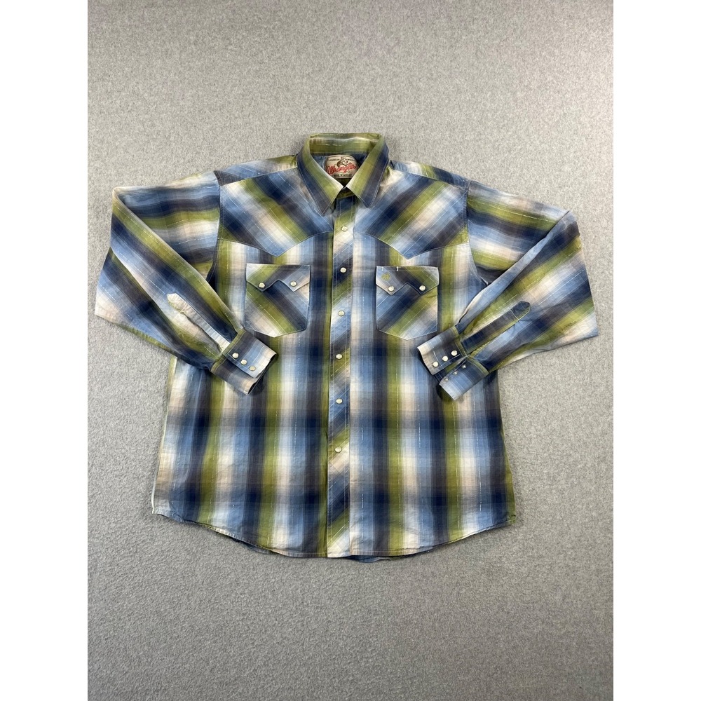 Wrangler Western Shirt Mens XL Blue Green Plaid Pearl Snap Saw Tooth Pockets